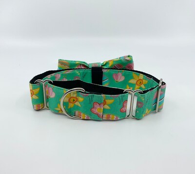 Easter Martingale Dog Collar With Optional Flower Or Bow Tie Eggs And Flowers On Teal Slip On Collar Sizes S, M, L, XL - image3